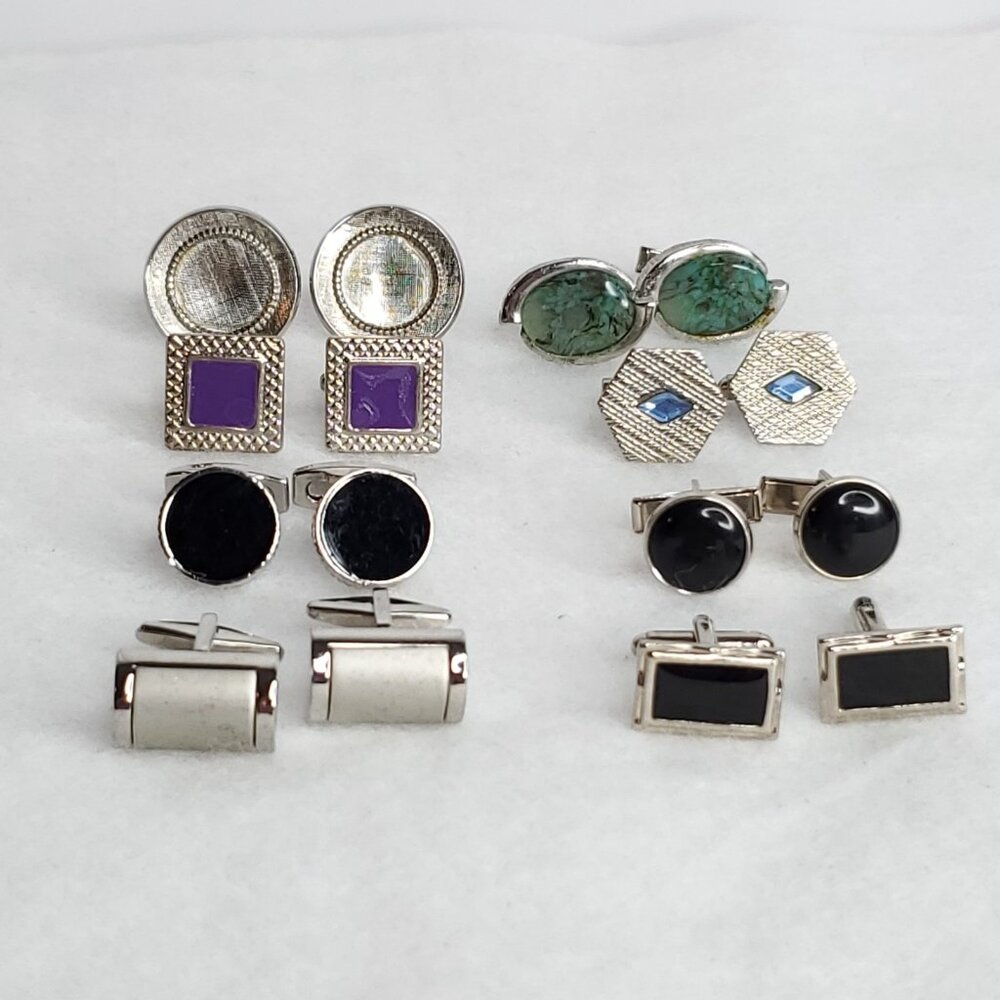 Vintage Cufflink Lot Silver Tone Black Green Blue Purple 8 Pair